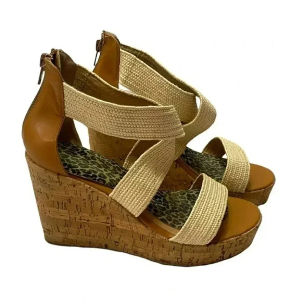 Steve‎ Madden Elwyn Platform Wedge Sandal 10 Tan Cork Leopard Print Strappy Zip